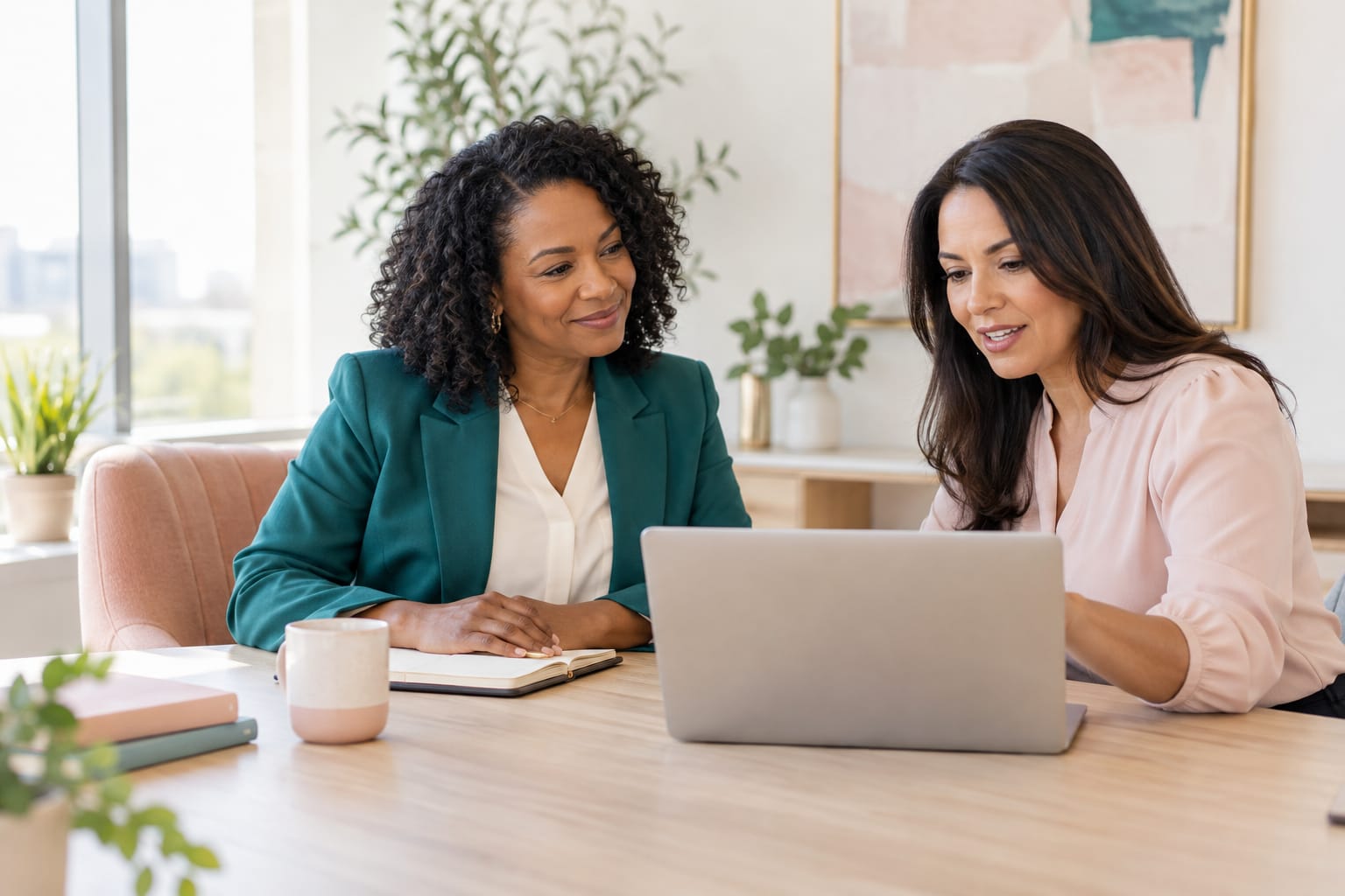 Two women reviewing information together at a laptop.